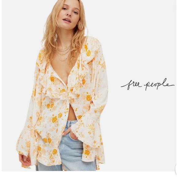 Free people loretta printed oversized tunic in tea combo orange & white xs B17 - Picture 1 of 11